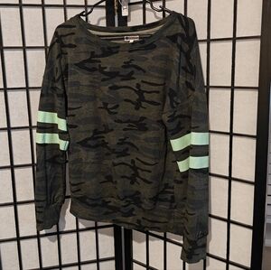 Sundry For Evereve Green Camo Pullover Drop Sleeve Sweatshirt With Mint Stripes